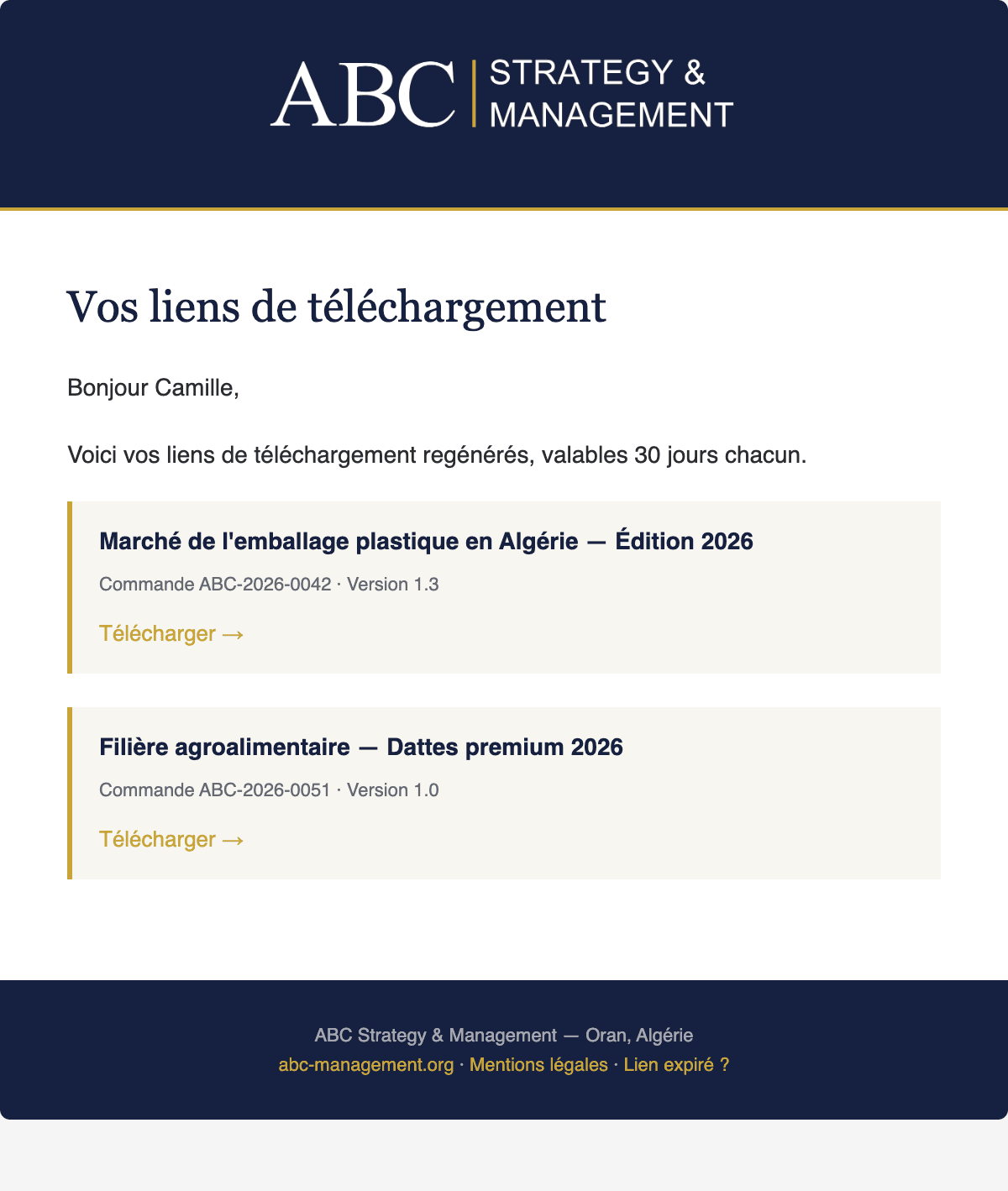 Email de liens de téléchargement