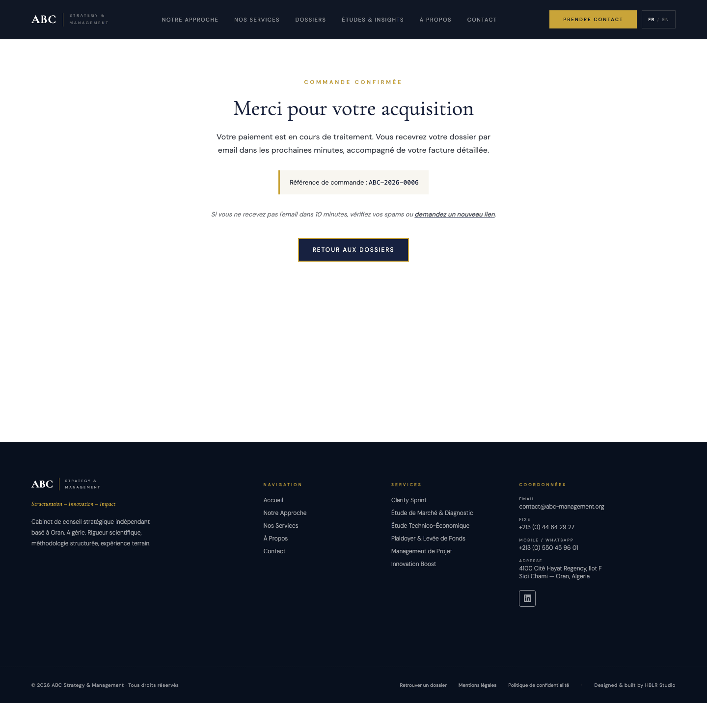 Page de confirmation d'achat